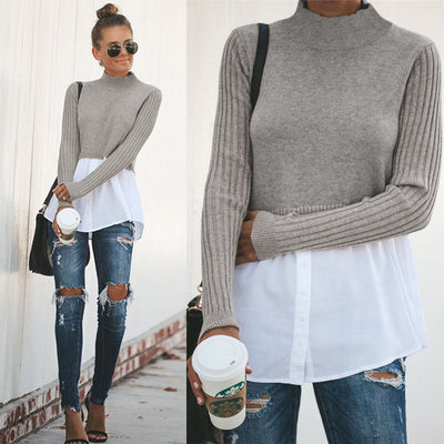 Sexy stitching long sleeve button top