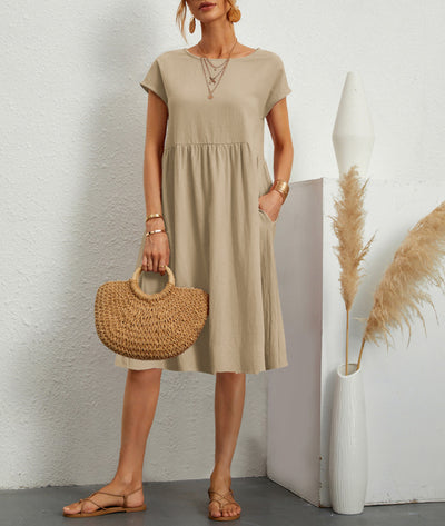 Cotton Linen Round Neck A-Line Dress