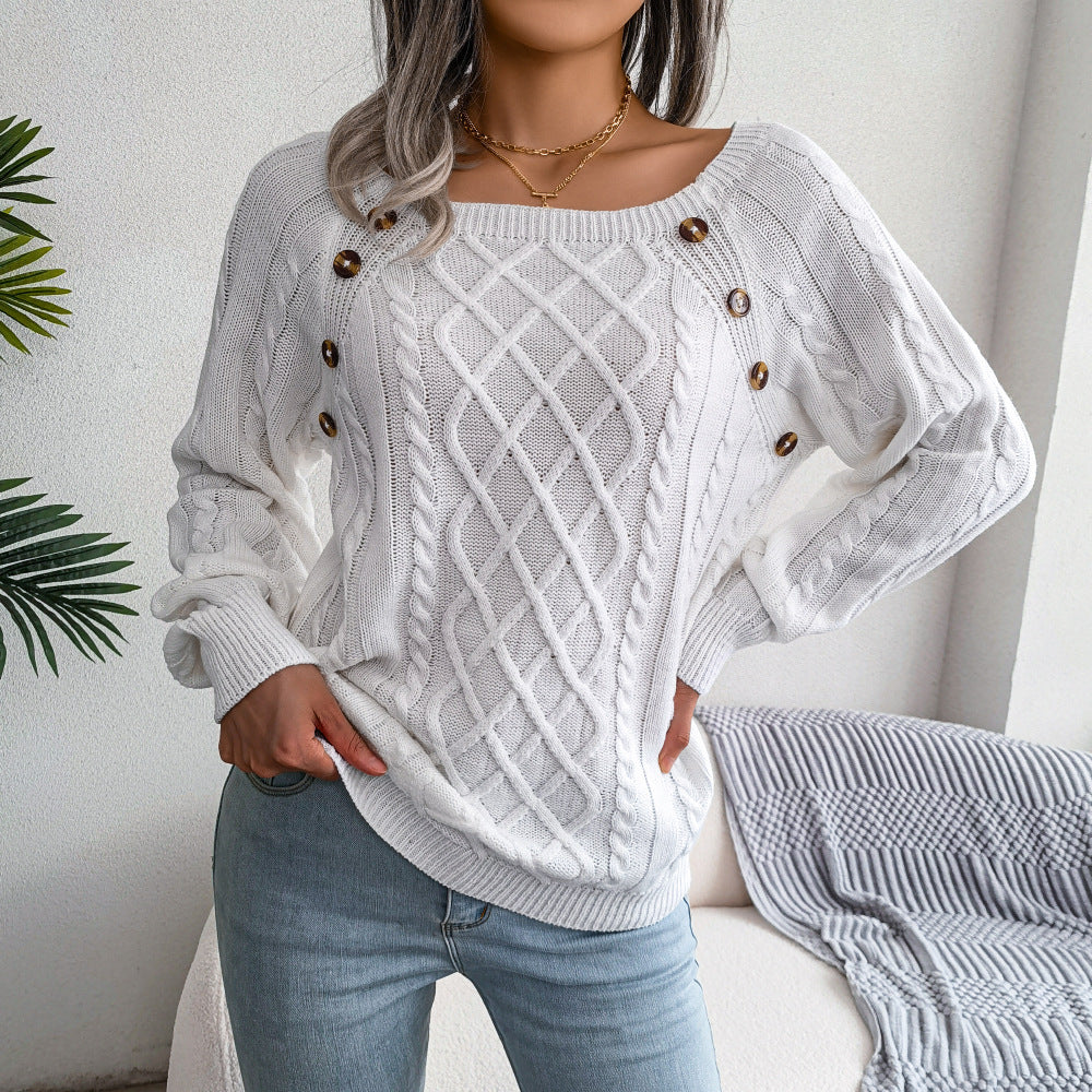 Casual Square Collar Nail Button Twist Knit Pullover Sweater