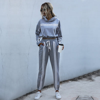 Striped hooded sweatshirt harem pants suit