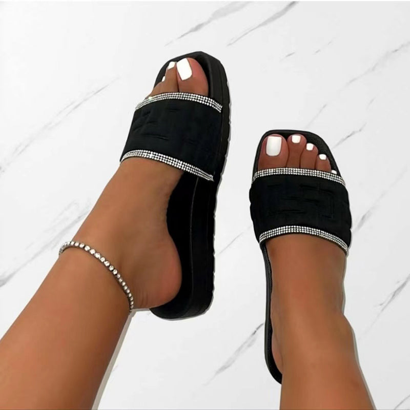 Rhinestones Slippers Women Summer Candy-color Flat Heel Shoes