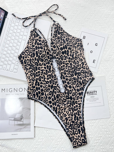 Naujas One Piece Bikini Bikini Leopard rašto maudymosi kostiumėlis su iškirptu dirželiu