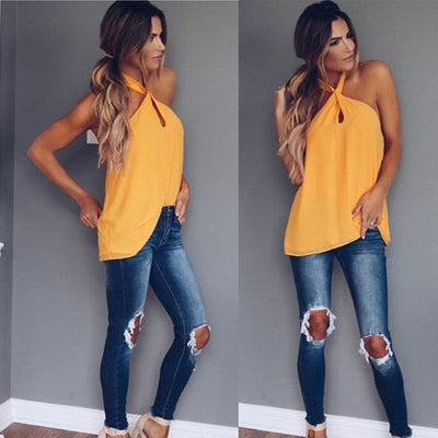 Summer Vest Top Sleeveless Backless Casual Tank Tops Halter Pure Color