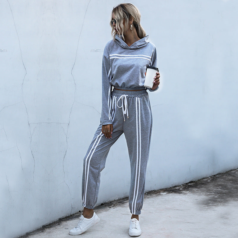 Striped hooded sweatshirt harem pants suit