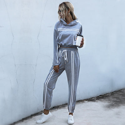 Striped hooded sweatshirt harem pants suit