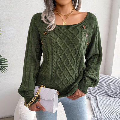 Casual Square Collar Nail Button Twist Knit Pullover Sweater