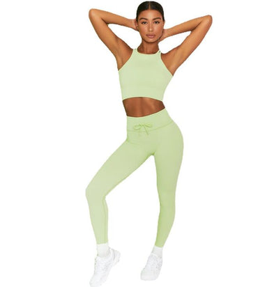 Knitting Fitness Sets Casual Workout Seamless Double Shoulder Straps Bra Drawstring Push Up Leggings