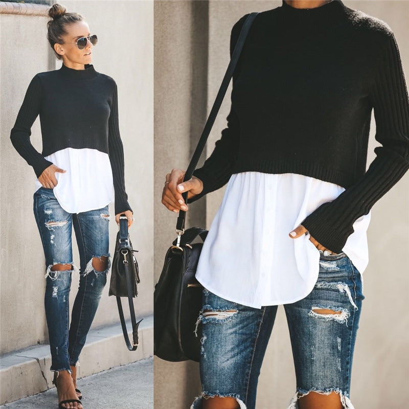 Sexy stitching long sleeve button top