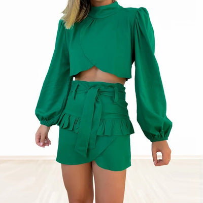 Summer Sweet Half High Neck Long Sleeve Shirt Lace up High Waist Ruffle Short Skirt Set