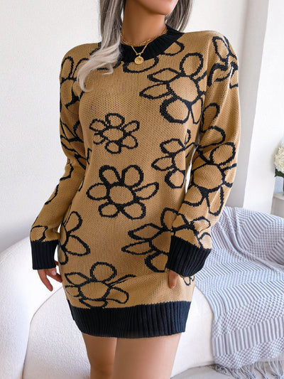 Color Contrast Flower Long Sleeve Bottomed Knitting Wool Dress