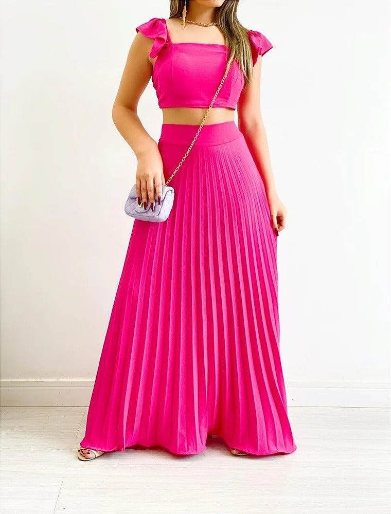 Short Tank Top High Waist Pleated Half Length Dress Fashion Casual Set