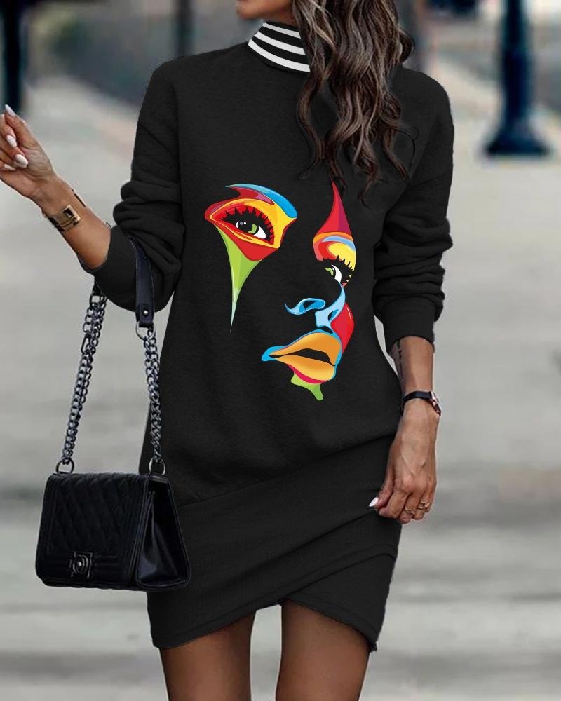 New Long-Sleeved High-Neck Dresses Print Irregular