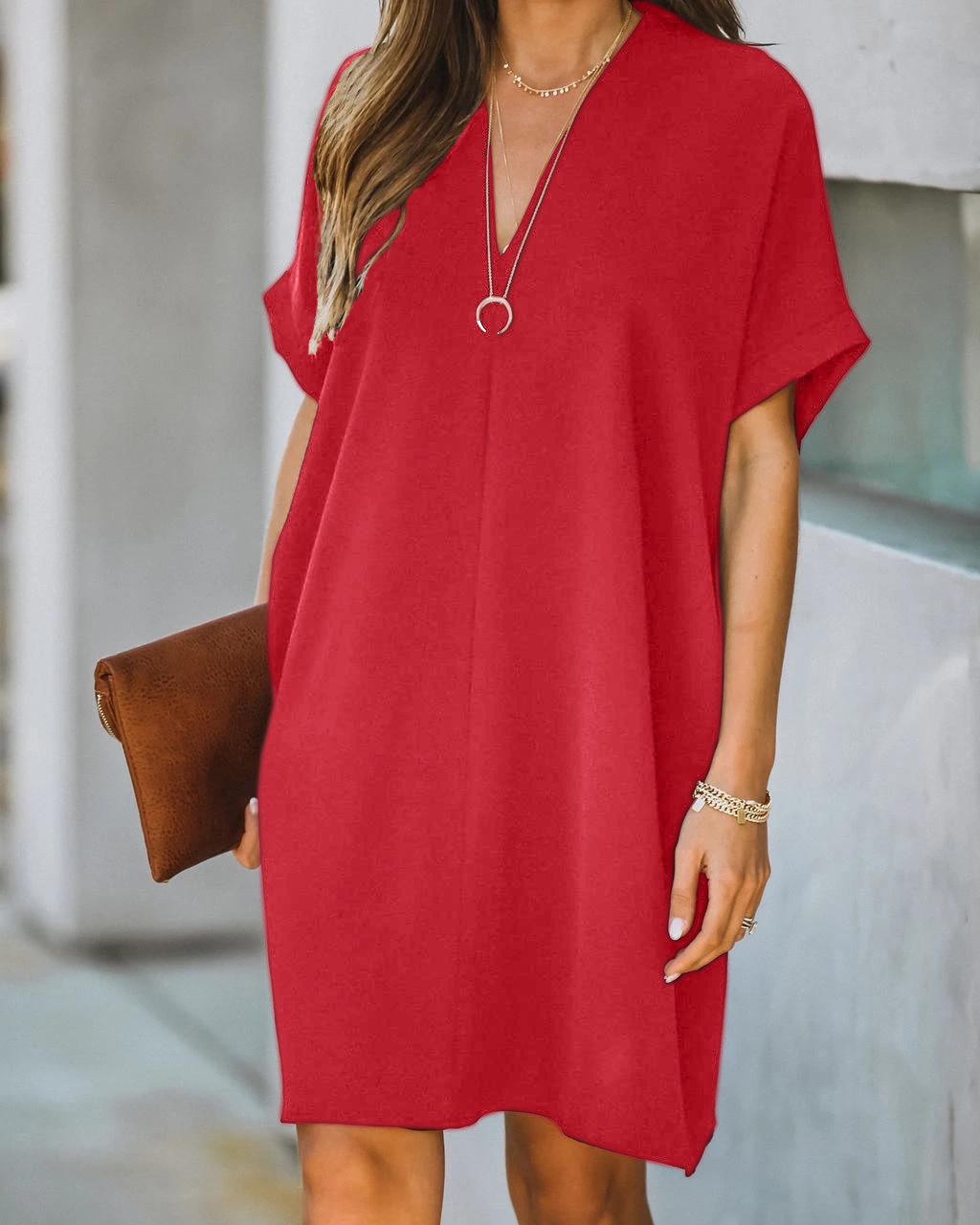 Women's V-neck short-sleeved solid color loose dress