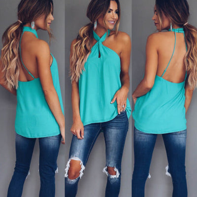 Summer Vest Top Sleeveless Backless Casual Tank Tops Halter Pure Color