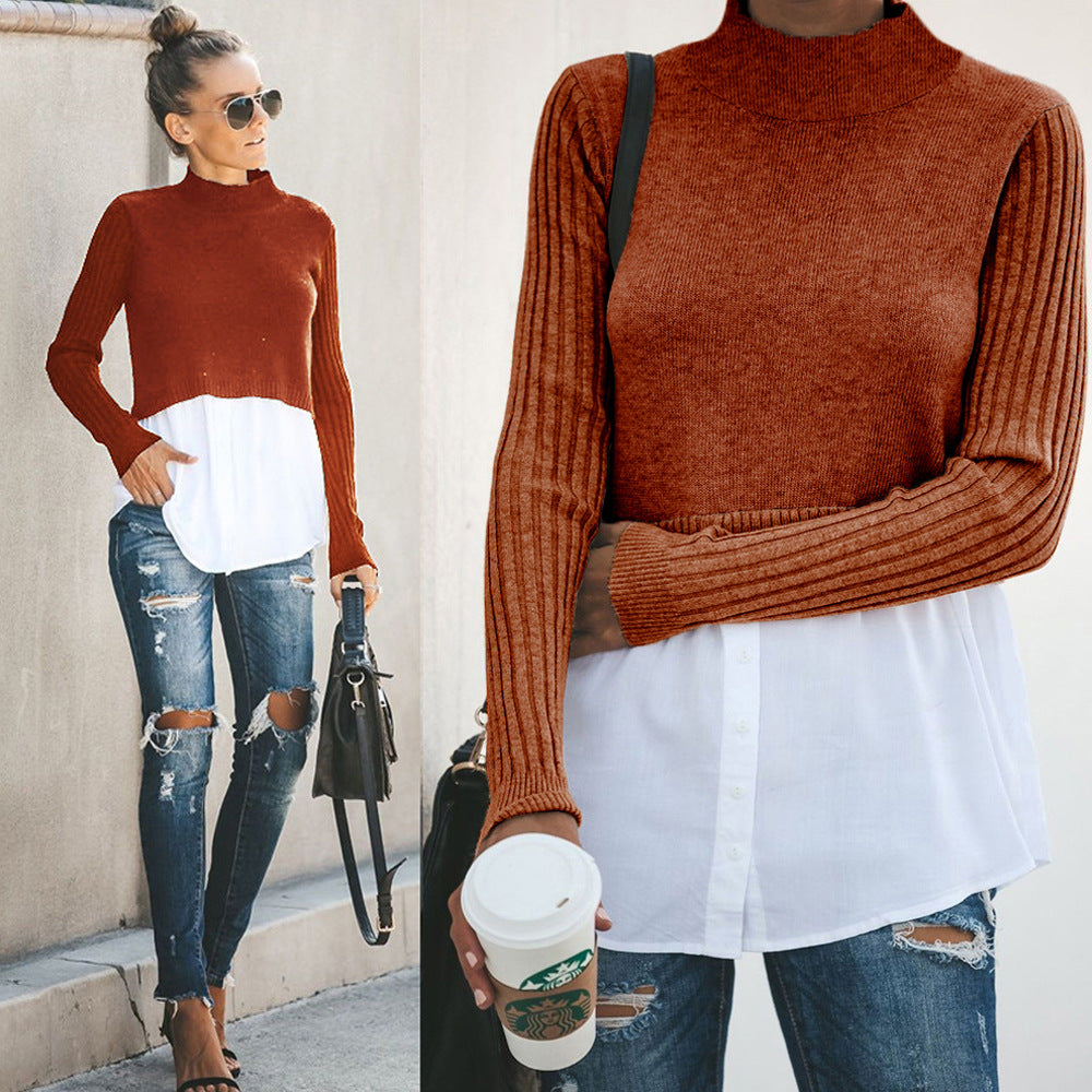 Sexy stitching long sleeve button top