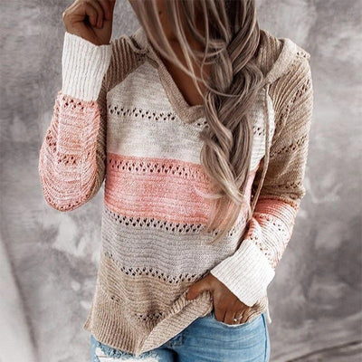 Contrasting Knitted Sweater Hoodie Loose