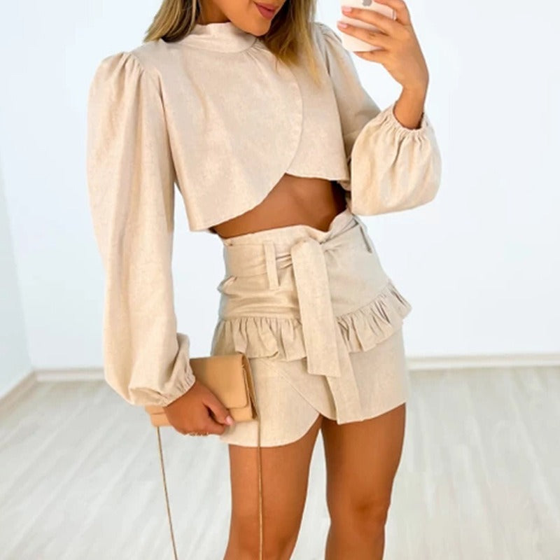 Summer Sweet Half High Neck Long Sleeve Shirt Lace up High Waist Ruffle Short Skirt Set