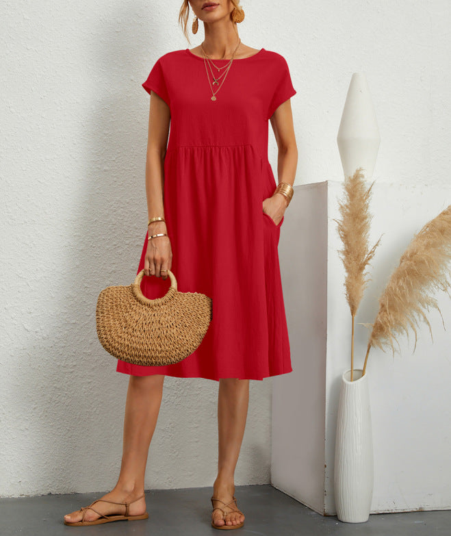 Cotton Linen Round Neck A-Line Dress