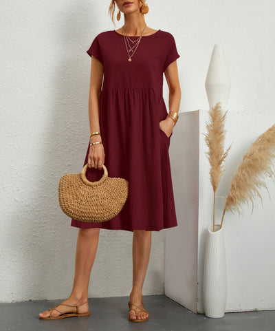 Cotton Linen Round Neck A-Line Dress