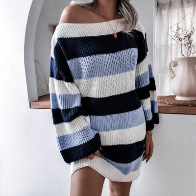 Off Shoulder Loose Color Contrast Striped Knitted Wool Dress