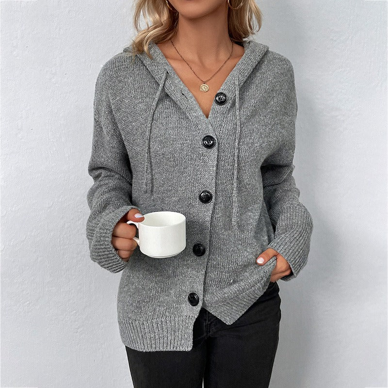 Solid Hooded Single Breasted Sweater