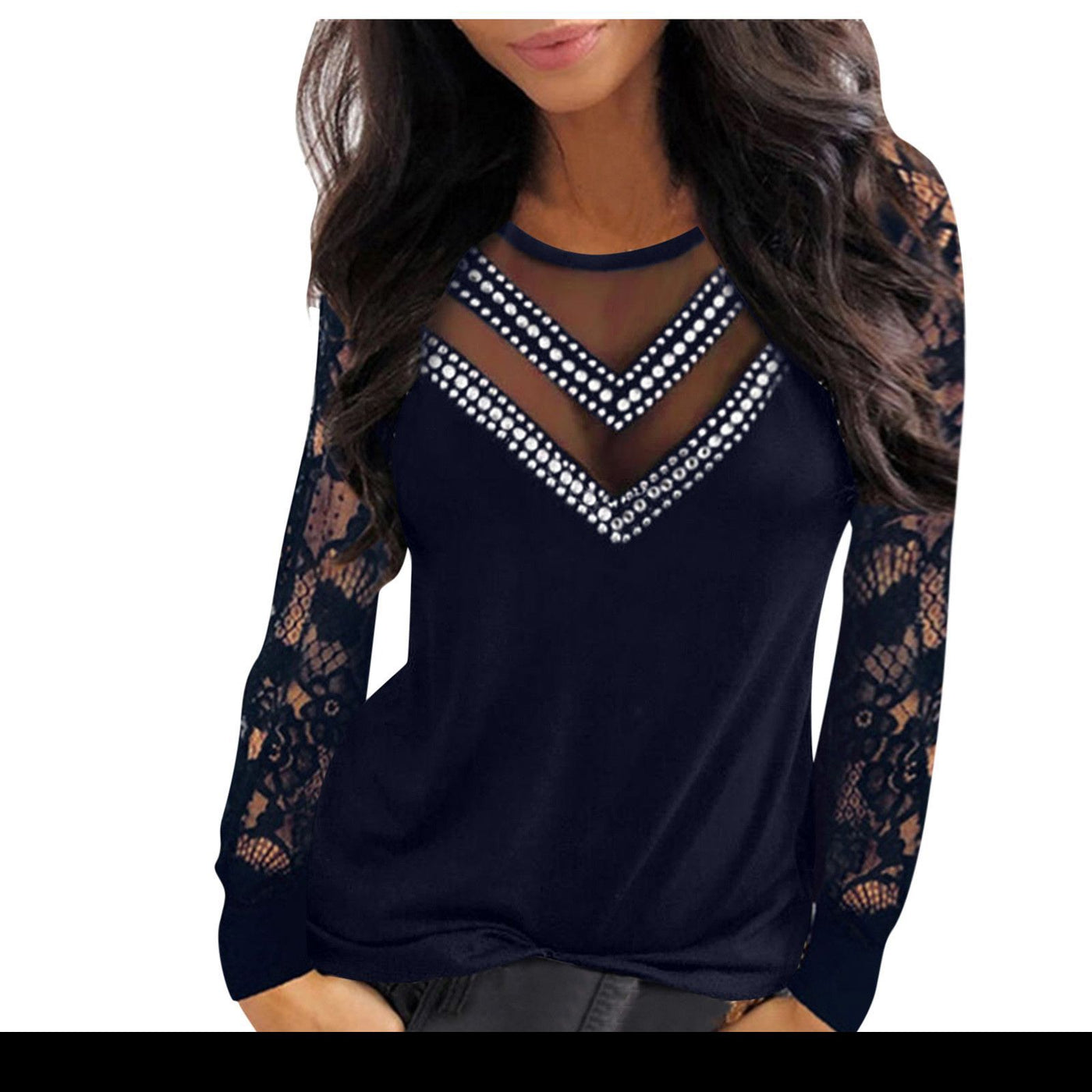 Long Sleeve Top Sexy Round Neck Mesh Stitching Hollow Beaded