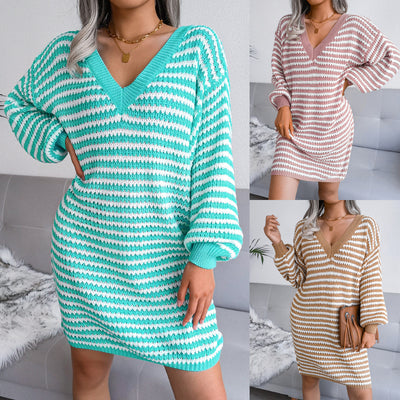 Striped Hollow Wool Knitted Dress