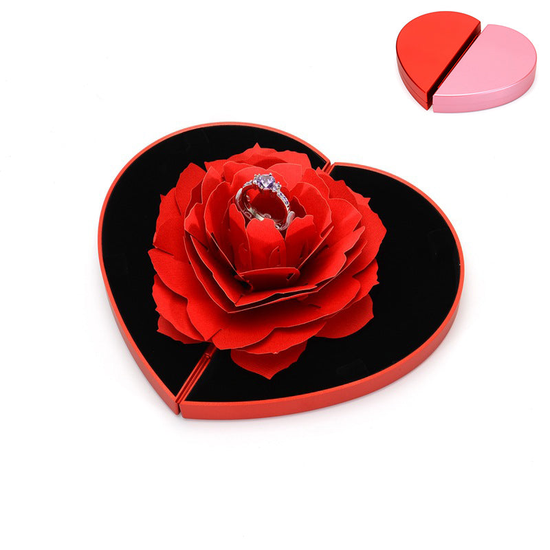 3D Love Box Heart-shaped Rose Flower Rotating Ring Box