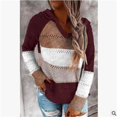 Contrasting Knitted Sweater Hoodie Loose