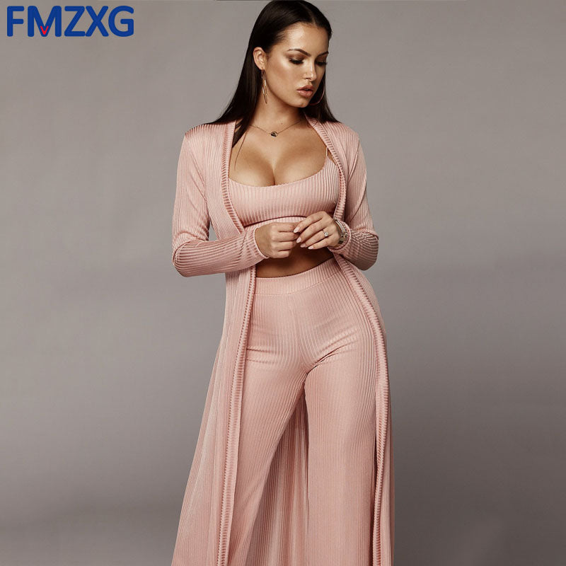 Women Casual Outfits Long Cloak Strapless Overalls Bodysuit  3 Pieces Sets