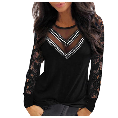 Long Sleeve Top Sexy Round Neck Mesh Stitching Hollow Beaded