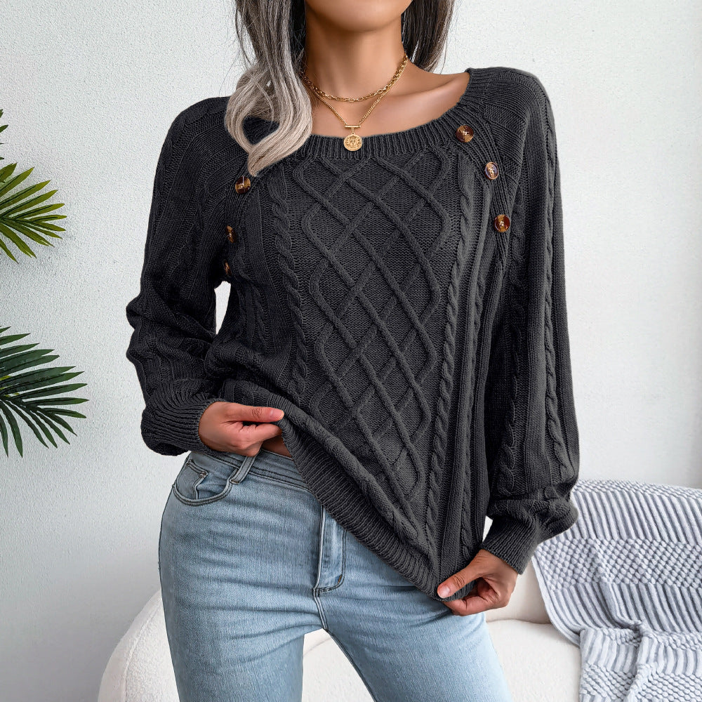 Casual Square Collar Nail Button Twist Knit Pullover Sweater