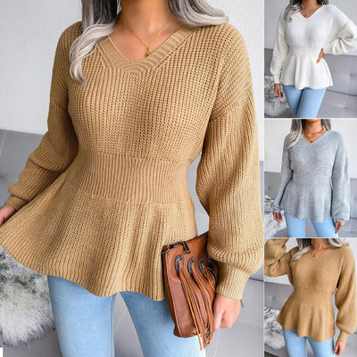 Lantern Sleeves Waist Hem Ruffle Knit Sweater