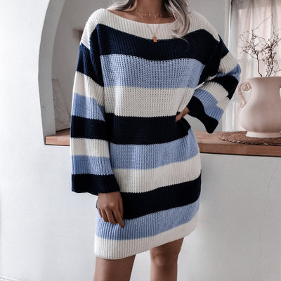 Off Shoulder Loose Color Contrast Striped Knitted Wool Dress