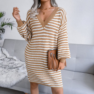 Striped Hollow Wool Knitted Dress