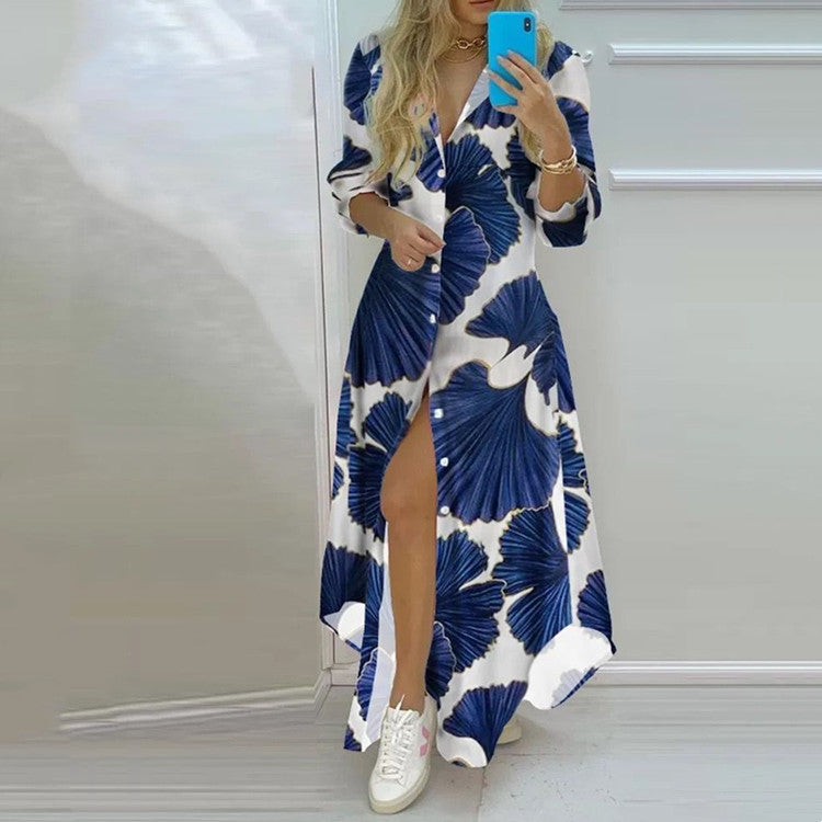 Button Fashion Print Long Sleeve Shirt Sexy Dress