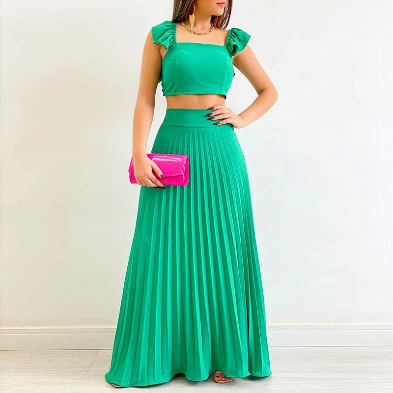 Short Tank Top High Waist Pleated Half Length Dress Fashion Casual Set