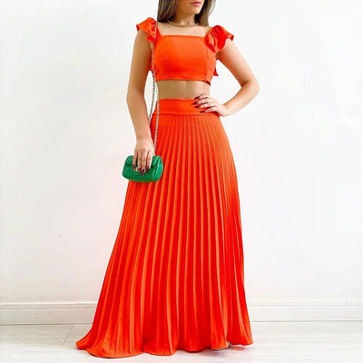 Short Tank Top High Waist Pleated Half Length Dress Fashion Casual Set