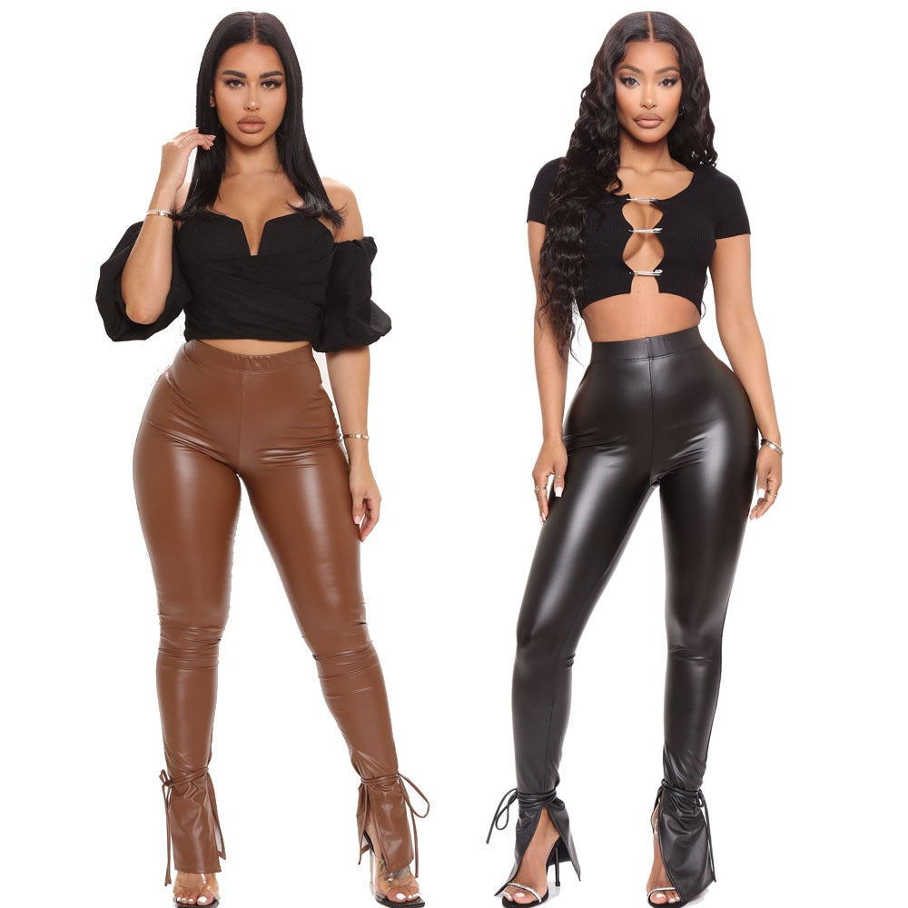 Tight High Elastic Strap Micro Horn Side Split Pu Leather Pants