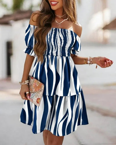 New Short-Sleeve One-Neck Waist Pleated Dress