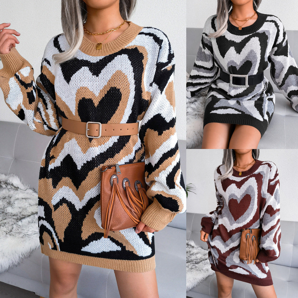 New Color Collision Love Sweater Knitted Dress