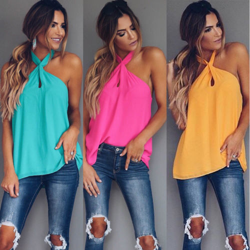 Summer Vest Top Sleeveless Backless Casual Tank Tops Halter Pure Color