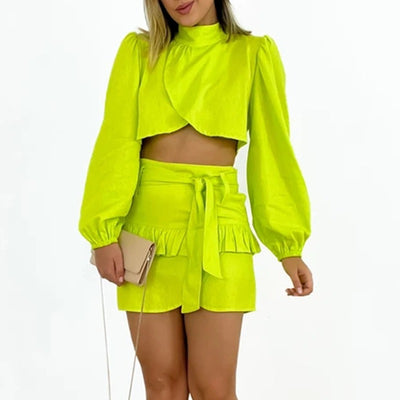 Summer Sweet Half High Neck Long Sleeve Shirt Lace up High Waist Ruffle Short Skirt Set