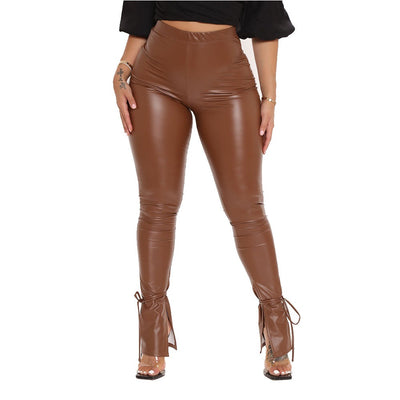 Tight High Elastic Strap Micro Horn Side Split Pu Leather Pants