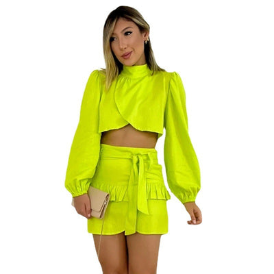 Summer Sweet Half High Neck Long Sleeve Shirt Lace up High Waist Ruffle Short Skirt Set