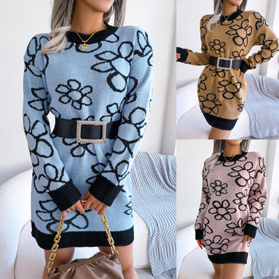 Color Contrast Flower Long Sleeve Bottomed Knitting Wool Dress