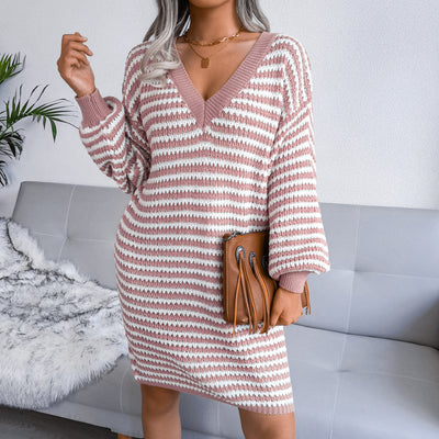 Striped Hollow Wool Knitted Dress