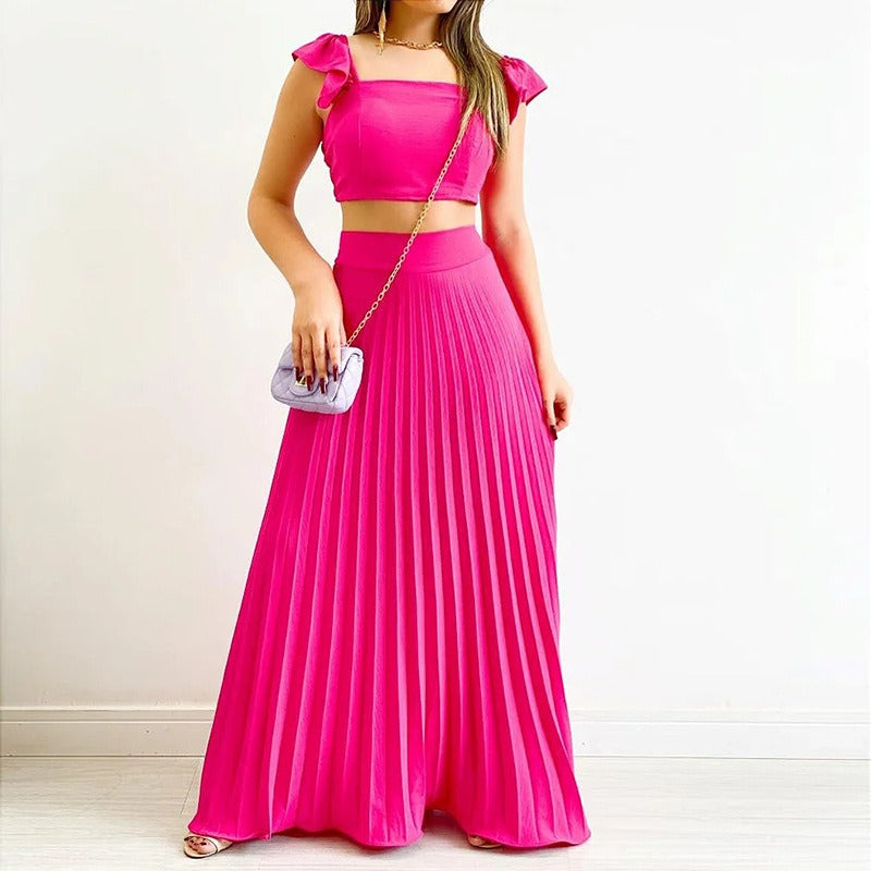 Short Tank Top High Waist Pleated Half Length Dress Fashion Casual Set