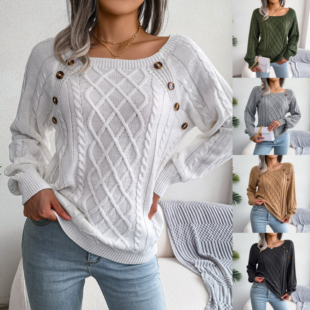 Casual Square Collar Nail Button Twist Knit Pullover Sweater