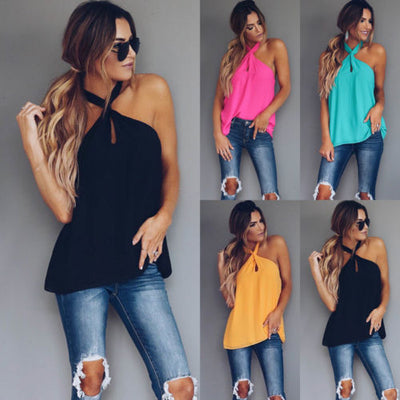 Summer Vest Top Sleeveless Backless Casual Tank Tops Halter Pure Color